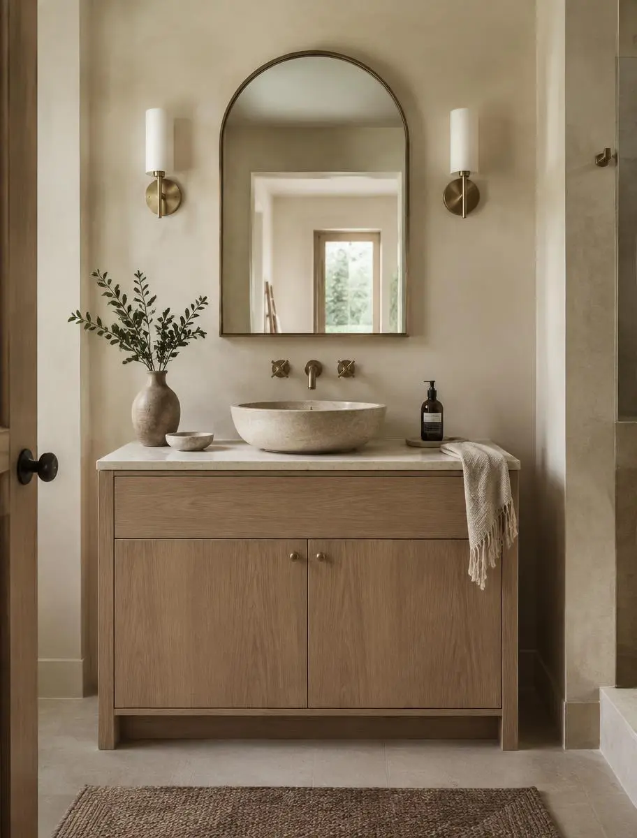 Custom white oak bathroom vanity with vessel sink and arched mirror