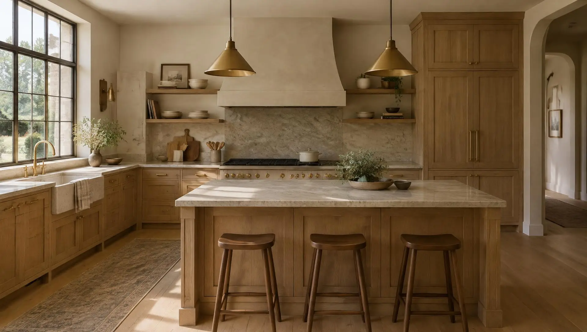 Custom kitchen with warm white oak cabinetry, stone countertops and open shelving