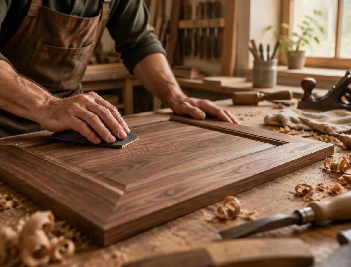 Craftsperson hand-finishing a solid walnut cabinet door at a workbench